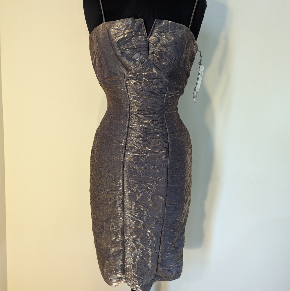 Adrianna Papell Boutique Metallic Copper Brown Spaghetti Strap Ruched Dress Sz 4
